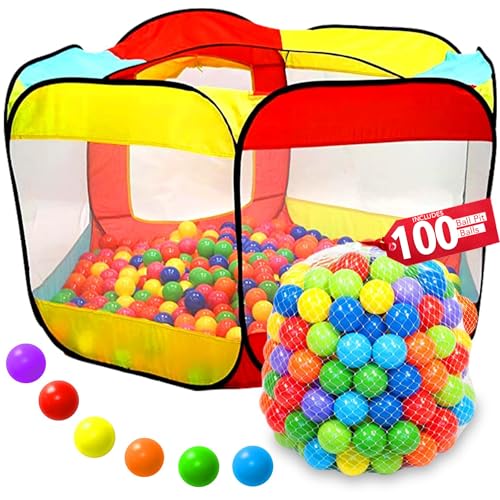 Kiddey Ball Pit Play Tent: Large Indoor & Outdoor Playhouse for Toddlers and Babies, Foldable Baby Tent Filled with 100 Plastic Balls, Ball Pit Adventure for Active Play, Portable Play Space for Kids