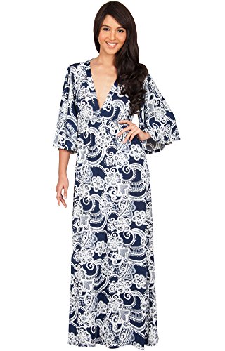 KOH KOH Womens Long Kimono 3/4 Sleeve Sleeves V-Neck Floral Retro Print Flowy Summer Formal Maternity Sun Sundress Gown Gowns Maxi Dress Dresses, Navy Blue & White M 8-10