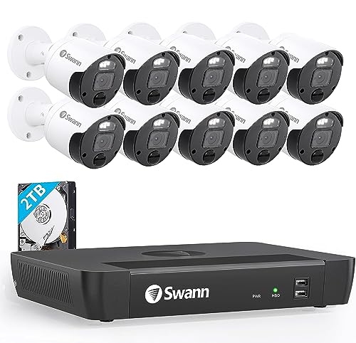 SWANN Master 4K, 16 Channel Home Security Camera System, 2TB NVR, 10 PoE IP Cameras Outdoor, Wired Surveillance CCTV, Heat Motion Vehicle Detection, LED Light, 24/7 Recording Security Camera, 1676810