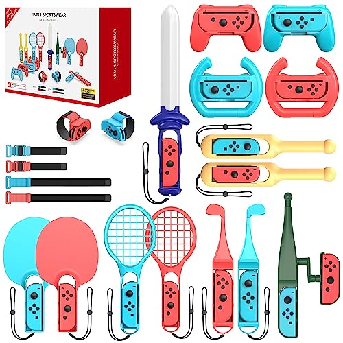 Switch Sports Accessories Bundle 18 in 1 for nintendo switch sports accessories Tennis Racket Golf Clubs Sword wrist bands Leg Strap Fishing Rod Compatible with Switch/Switch OLED