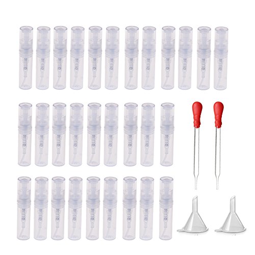 Haishell 30 Pcs Mini 2ML Atomizer Plastic Bottle Spray Refillable Perfume Empty Sample Bottle With 2 pcs Mini Plastic Funnels and 2 pcs Glass Droppers for Travel Party Portable Makeup Tool