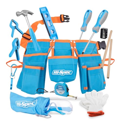 Hi-Spec 16pc Blue Kids Tool Kit Set & Child Size Tool Belt. Real Metal Hand Tools for DIY Building, Woodwork & Construction Learning Tool Kit for Kids