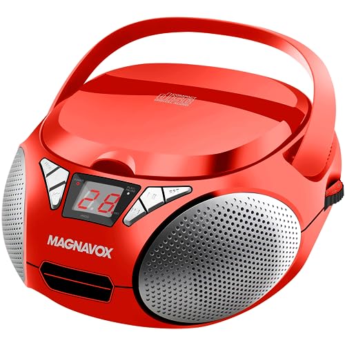 Magnavox MD6924-RD Portable Top Loading CD Boombox with AM/FM Stereo Radio in Red | CD-R/CD-RW Compatible | LED Display | AUX Port Supported | Programmable CD Player |