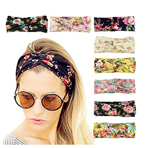 DRESHOW 8 Pack Women Headband Boho Floal Style Criss Cross Head Wrap Elastic Hair Accessories