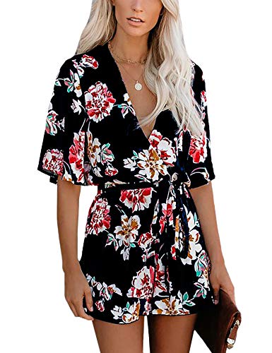 Relipop Women's Summer Romper Floral Print V Neck Flared Half Sleeve Elastic Tie Waist Ruffle Casual Rompers Jumpsuits