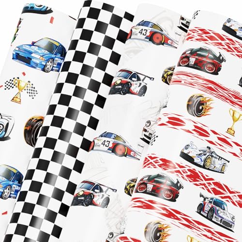 Mpanwen Race Car Wrapping Paper for Boys Kids, 12 Sheets Racing Gift Wrap Racecar Wrapping Paper for Christmas Birthday Holiday - 20 x 29.5 Inches Per Sheet