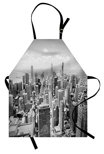 Lunarable USA Apron, Chicago City Skyline Aerial View Contemporary Famous Touristic Places Picture Print, Unisex Kitchen Bib with Adjustable Neck for Cooking Gardening, Adult Size, Black Grey