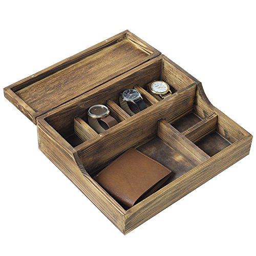 MyGift Rustic Burnt Wood Watch Display Case and Valet Storage Jewelry Box Organizer for Men and Women Accessories