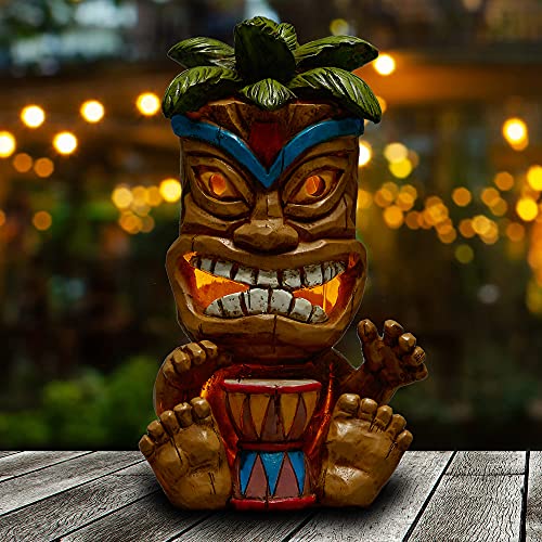 Yiosax Tiki Decorations - Solar Power Light Up Tiki Garden Statues Outdoor Decor - Tiki Chief Bar Hut Sign Lamp Decor - Tiki Head Totem Pole Figurines for Walkway/Lawn/Patio/Pool/Yard/Easter Décor
