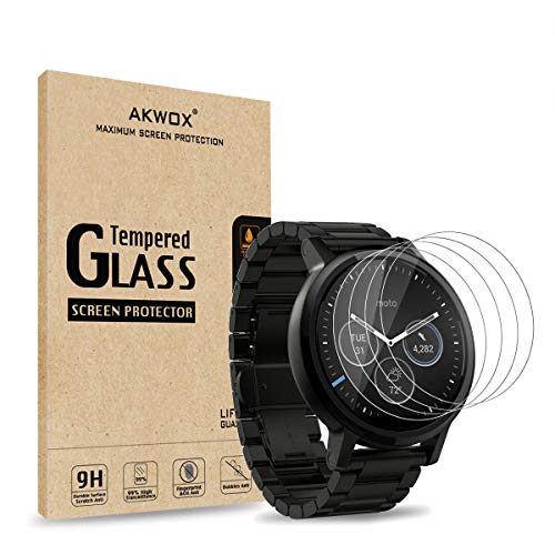 (Pack of 4) Tempered Glass Screen Protector for Moto 360 1st and 2nd Gen 46mm Smart Watch, Akwox [0.3mm 2.5D 9H] Premium Clear Screen Protective Film for Motorola Moto 360 46mm