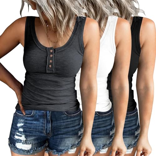 SUNBS Womens Summer Tank Tops 3 Pack Ribbed Henley Going Out Outfits Spring Casual Sleeveless Basic Cute Cami Slim Fitted Button Down Blouses Dressy Trendy Clothes 2024