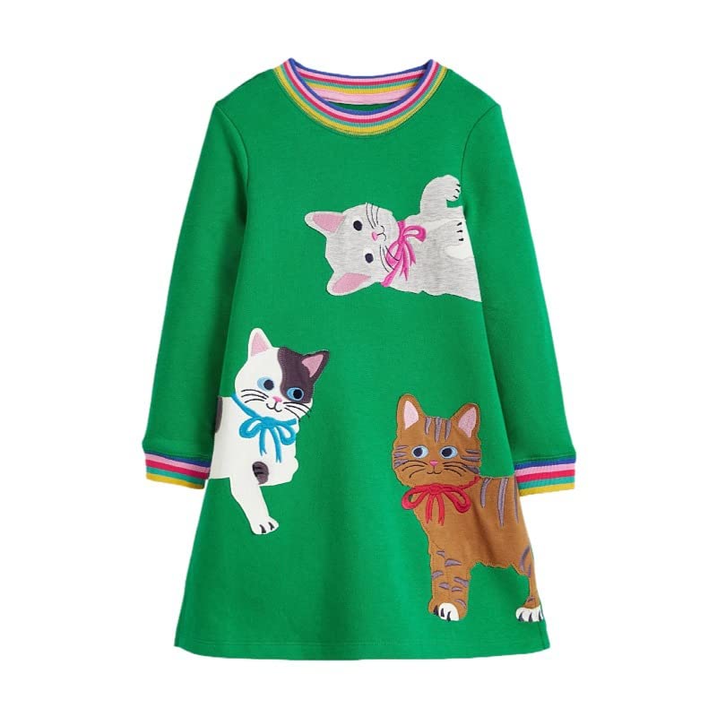 Little Girl Winter Dress Long Sleeve Green Cat Appliques Cotton Casual Playwear Jersey Shirt Dresses 6 Years