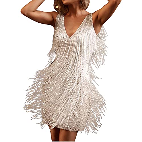2021 Women's SequinsTassels Cocktail Dresses Sleeveless Mini Dress Fringed Dress Flapper Dresses Party Prom Dress Dance Costume White