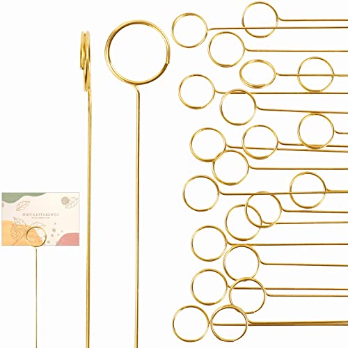40Pcs Floral Card Holder Picks, Floral Picks Picture Holders, Photo Memo Holder Pick Stick, Metal Floral Place Card Holder，Gold Round Photo Stick Clip, Gift Card Holder for Wedding and Party