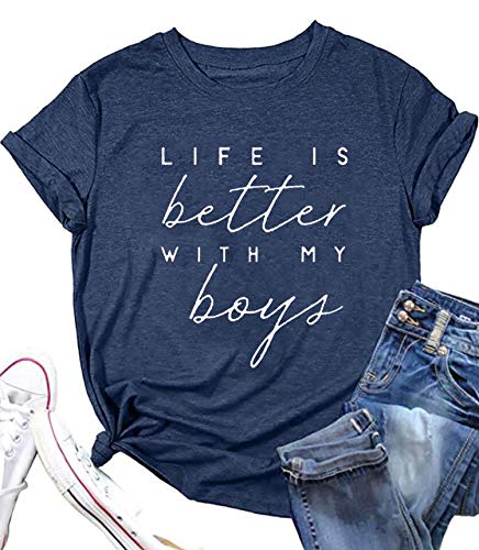 BOMYTAO Life is Better with My Boys Shirt for Women Mom T Shirts Funny Short Sleeve Casual Tops Tees (Blue, Medium)