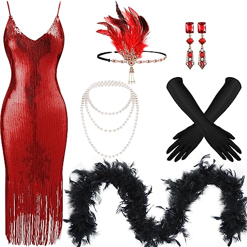 Tisancy 7 Pcs 1920s Women's Flapper Dress Sequin Dress Costume Headwear Earring Necklace Glove Stick Set and Long Feather Boa (Red,Large)