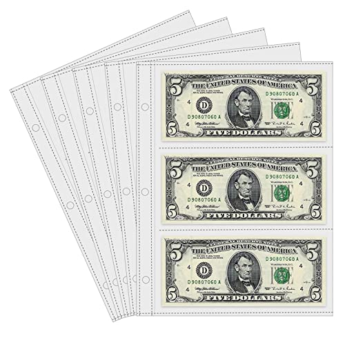 Currency Sleeves,50Pcs Page Protectors for 3 Ring Binder, 3-Pocket Banknote Sleeves, 8.5 x 11, Dollar Bill Holder for Collectors, Paper Sleeves for Currency Holder, Banknotes Album, Money Binder