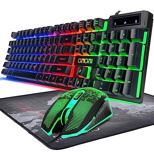 Keyboard and Mouse Gaming LED Wired Combo with Emitting Character Keyboard 4800DPI 2 Side Button USB Mouse Rainbow Backlit Mechanical Feeling Compatible with PC Raspberry Pi Mac Xbox one ps4