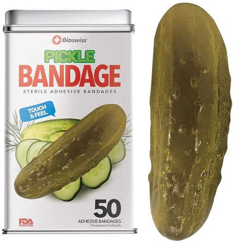 BioSwiss Bandages, Pickle Shaped Self Adhesive Bandages, Latex Free Sterile Wound Care, Fun First Aid Kit Supplies for Kids, 50 Count
