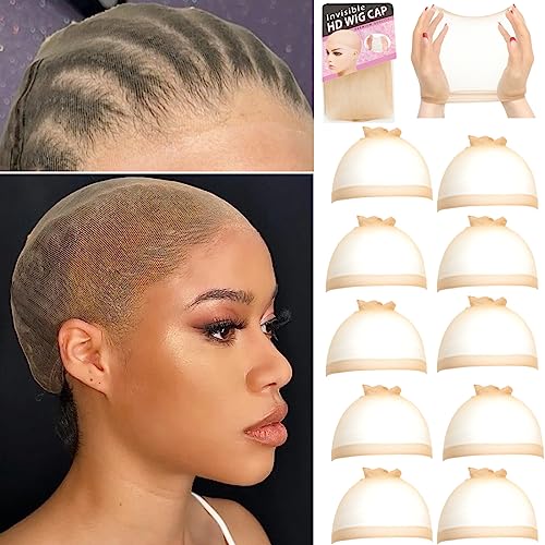 FDBJulyy 10 Pcs Transparent HD Wig Cap,Transparent HD Wig Caps for Women Wig Cap Stocking Cap Sheer Wig Cap Thin Nylon Cap HD Thin Wig Cap for Lace Front Wig Accessories for Women (5Pack/10PCS)