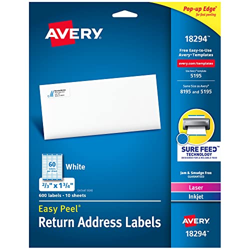 Avery Printable Return Address Labels with Sure Feed, 2/3' x 1-3/4', White, 600 Blank Mailing Labels (18294)