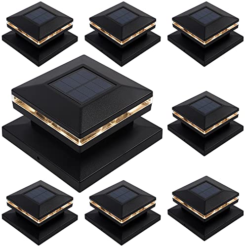 Dynaming 8 Pack Solar Post Lights, Outdoor Decorative Post Cap Light, Solar Powered Black Shell Caps, Brightness Warm White LED Lighting for Fence Deck Patio, Fit 4x4, 5x5 or 6x6 Vinyl/Wooden Posts