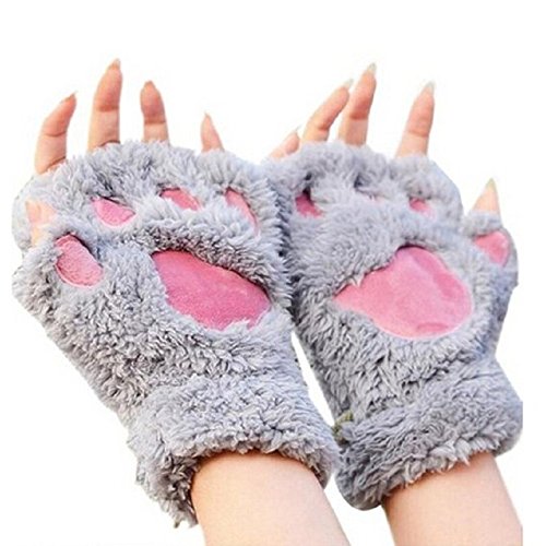 Himine Cat Claw Bear Paw Fingerless Winter Plush Gloves 1Pair (Grey)