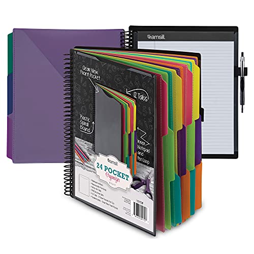 Samsill Deluxe 24 Pocket Spiral Project Folder Organizer with 12 Dividers, Refillable Notepad Holder, Customizable Front Cover, Erasable Write On Tabs in Fashion Colors, Plastic Folders with Pockets