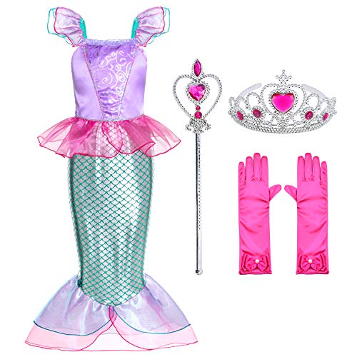 Little Girls Mermaid Princess Costume for Girls Dress Up Party with Gloves,Crown Mace 3T 4T