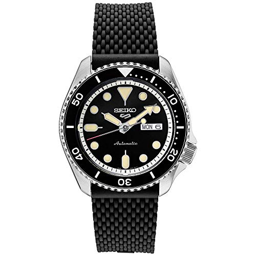 Seiko SRPD95 Men's Black Dial Watch with Black Bezel, Stainless Steel Case, and Black Silicone Strap