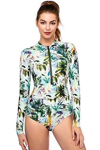 AXESEA Womens Rash Guard Long Sleeve One Piece Swimsuit Ruched Zip Bathing Suit Jungle