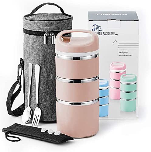 Lille Home Stackable Stainless Steel Thermal Compartment Lunch/Snack Box, 3-Tier Insulated Bento/Food Container with Upgraded Lunch Bag, Portable Cutlery Set and 3 Extra Silicone Seals, 43OZ (Gray)