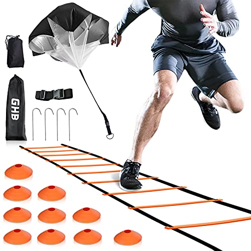 GHB Agility Ladder Speed Training Ladder 20 Feet 12 Rung Exercise Ladder, 10 Disc Cones,Resistance Parachute,Football Training Equipment Set