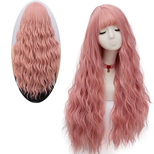 Netgo Women's Pink Wig Long Fluffy Curly Wavy Hair Wigs for Girl Heat Friendly Synthetic Cosplay Party Wigs