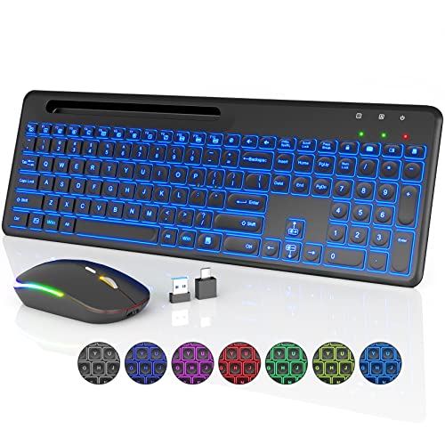 Wireless Keyboard and Mouse, 7 Backlit Effects, Quiet Light Up Keys, Sleep Mode, Phone Holder - Rechargeable Cordless Combo with Type C Adapter for Mac, Computer, Laptop - by SABLUTE, Black