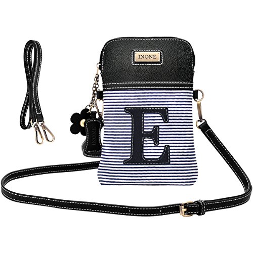 inOne Crossbody Bag Cell Phone Purse - Women PU Leather Handbag with Black and White Stripe Canvas Adjustable Straps - Monogram - Letter E