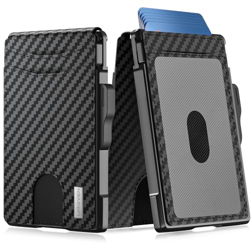 umoven Wallet for Men - Slim Leather RFID Blocking Bifold Minimalist Wallet with Metal Pop-Up Card Holder, Money Clip, Credit Card Slots - Men's Wallet with Gift Box, Carbon Fiber