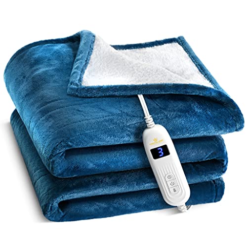 Heated Blanket, Machine Washable Extremely Soft and Comfortable Electric Blanket Throw Fast Heating with Hand Controller 10 Heating Settings and auto Shut-Off (Blue, 50 x 60)