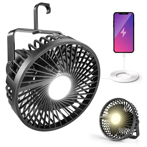 Odoland Camping Fan with LED Lantern, Rechargeable Battery Operated Fan with Hang Hook, Portable Camp Tent Fan, USB Table Fan with Light for Outages Hurricane Emergency
