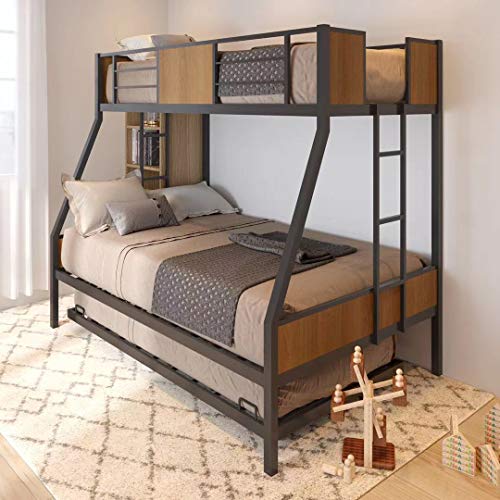Olela Twin Over Full Bunk Beds with Trundle Bed,Heavy Duty Metal Bed Frame with Safety Rail 2 Side Ladders for Boys Girls Adults,No Box Spring Needed (Black Frame)