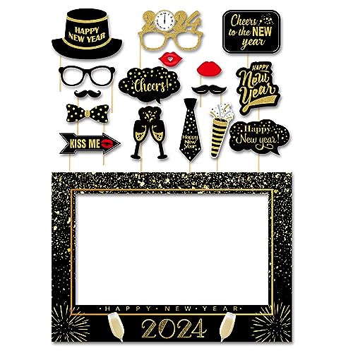 SWYOUN Glitter Happy New Year's Eve 2024 Party Photo Booth Props Supplies with Photo Frame(Pack of 17)