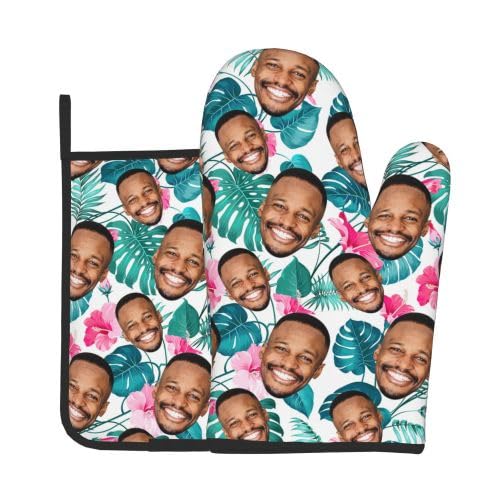 Personalized Custom Oven Mitts Pot Holders Set Add Your Photo Image Customized Resistant Hot Pads with Polyester Non-Slip for BBQ Gloves and Mat for Kitchen, Cooking, Baking, Grilling