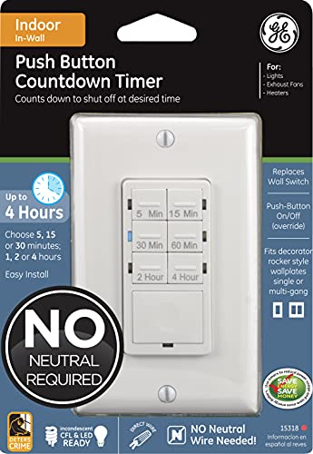 GE Push-Button Countdown Timer Switch, 5-15-30 Minute/1-2-4 Hour, ON/Off, No Neutral Wire Needed Ideal for Lights, Exhaust Fans, Heaters Wall Plate Included, Light Switch Timer Fan Switch, 15318 White