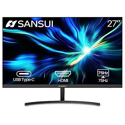 SANSUI Monitor 27 inch FHD 1080p 75Hz USB Type-C Computer Monitor HDMI VGA Built-in Speakers Headphone Eye Care VESA Compatible for Home Office(ES-27F1 Type-C Cable & HDMI Cable Included)