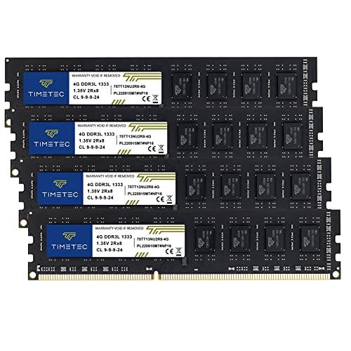 Timetec 16GB KIT(4x4GB) DDR3 / DDR3L 1333MHz PC3-10600 Non-ECC Unbuffered 1.5V / 1.35V CL9 2Rx8 Low Density Dual Rank 240 Pin UDIMM Desktop PC Computer Memory RAM Module Upgrade (16GB KIT(4x4GB))