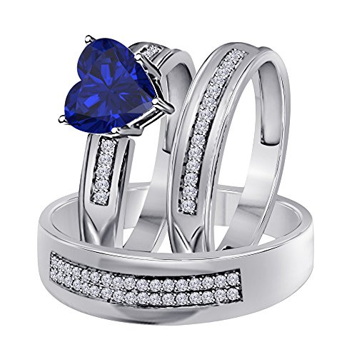 DS Jewels His and Hers Matching Wedding Band Ring Set 14K White Gold Plated Alloy 6 MM Heat Cut CZ Blue-Sapphire Engagement Trio Bridal Set