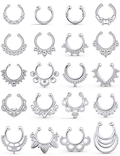 SCERRING Fake Septum Nose Hoop Rings Clear CZ Faux Non Pierced Clicker Hanger Nose Septum Ring Clip On Body Piercing Jewelry 20PCS Silver