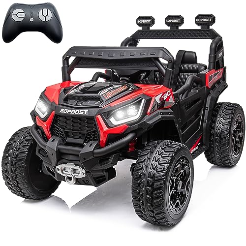 sopbost 2023 Kids Ride On Car 24V Battery Powered 4 Wheeler 2x2/4x4 Motorized Ride On UTV with Remote Control Ride On Toys for Boys Girls, 4 Spring Absorbers, Red