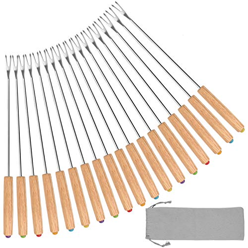 STYDDI Fondue Fork, 18Pcs Stainless Steel Color Coding Fondue Forks with Oak Wood Handle Heat Resistant for Chocolate Fountain Cheese Fondue Roast Marshmallows, 9.5 Inch