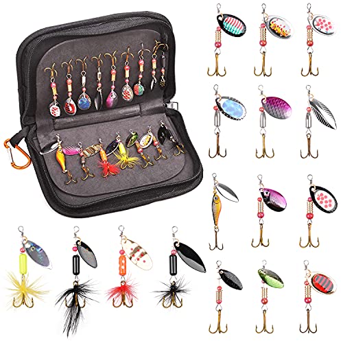 Fishing Lures Spinnerbait Kit, 16pcs Inline Spinner Baits Bass Trout Salmon Crappie Hard Metal Spinner Lures with Rooster Feather Tail Fishing Spinners Set with Portable Bag